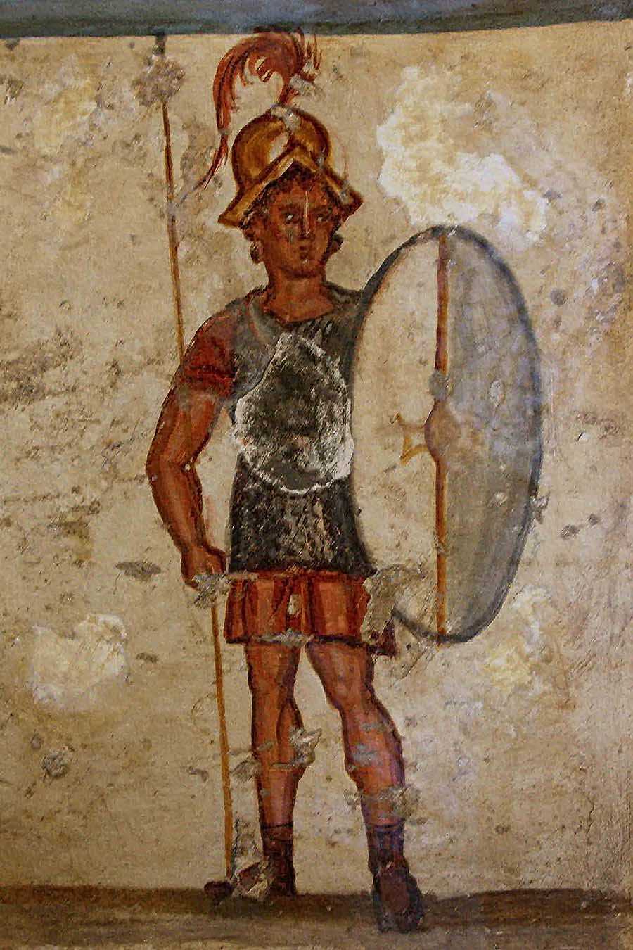 Fresco of an ancient soldier with spear and plate wearing armour